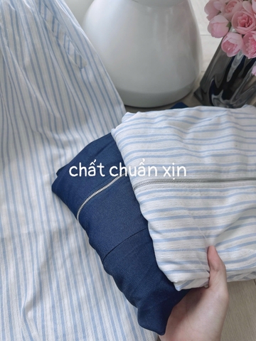 Dam196-Váy xoè sát nách khoá trước 2 lớp màu kẻ và xanh than