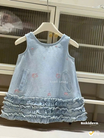 damgai01- Đầm jeans suông viền bèo thêu hoạ tiết