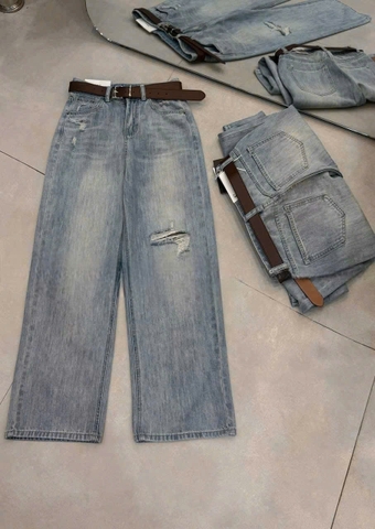 QUAN015-QUẦN JEANS SUÔNG RÁCH 1 BÊN MÀU NHẠT