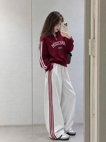 Set1063-Set nỉ haidan đỏ xám freedom phối quần suông dài