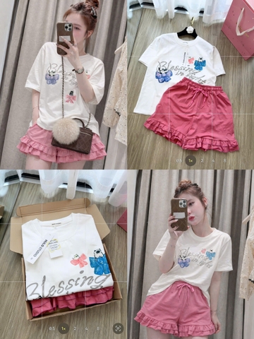 SET916-Set áo thun trắng in nơ phối quần short bèo hồng