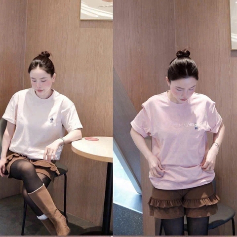 A549-Set 2 áo thun cộc tay thêu gấu hồng nổi bật vải cotton mềm mịn