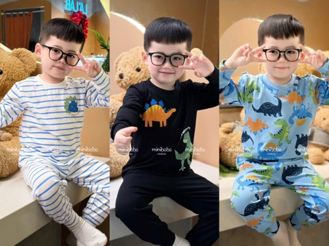 Bt784- combo 3 bộ dài tay cotton bé trai khủng long kẻ xanh