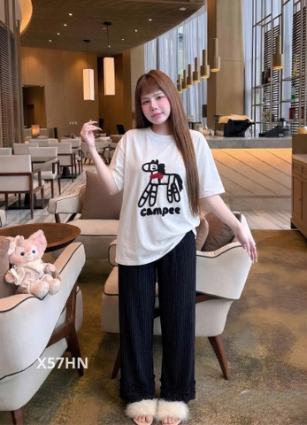 SET904-SEt áo thun cộc trắng phối quần suông kẻ dài đen trắng