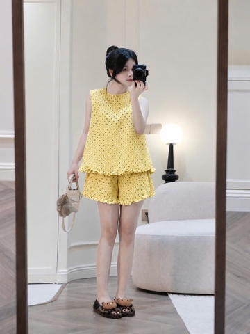 Set972-Set mặc nhà vải đũi mát chấm bi vàng TẶNG KÈM DÂY TÓC