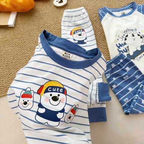 BT1081- Set 2 bộ thun díp dài tay xanh trắng kẻ Cute bé trai