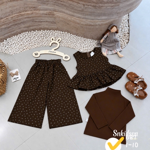 damgai24-set 3 món áo giLe hoa nhí phối quần suông kèm áo thun nâu cho bé gái 12-33kg)