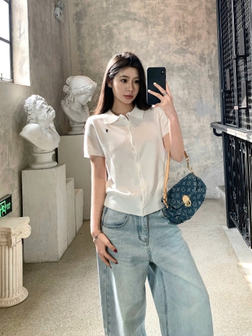 A589-Áo len dệt kim cộc tay có cúc màu trắng hàng nhà máy đủ tem