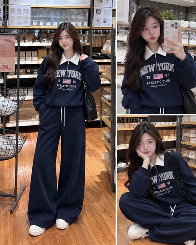 Set1062- Set nỉ haidan Ny xanh than phối quần suông dài