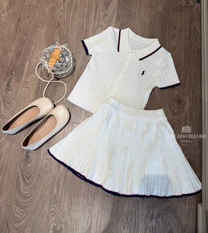 SET720-Set áo len cộc thêu phối chân váy xoè thể thao 2 màu vàng trắng