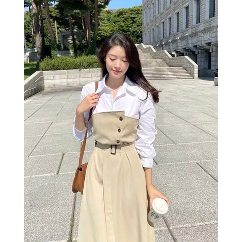 Dam126- Đầm kaki nâu phối sơ mi liền tặng kèm đai