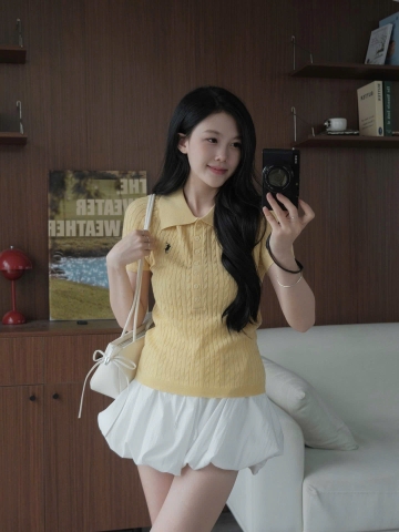 A377-Áo len cộc tay Quảng Châu cổ bẻ thêu ngực 5 màu trơn