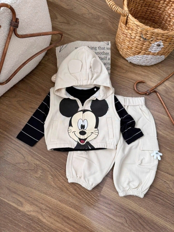 BT1048-Set 3 chi tiết áo gile trắng MICKEY đen trắng dài