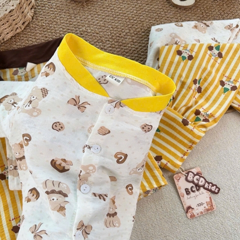 BT1086- Combo 2 bộ pijama vàng trắng cổ đức-cổ tròn