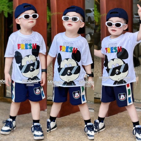 bT592- Bộ mèo kính đen trắng quần phối chất cotton bé trai