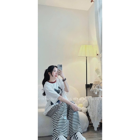 SET472-Bộ áo cotton CÚN in lụa mix quần kẻ suông dài 100cm