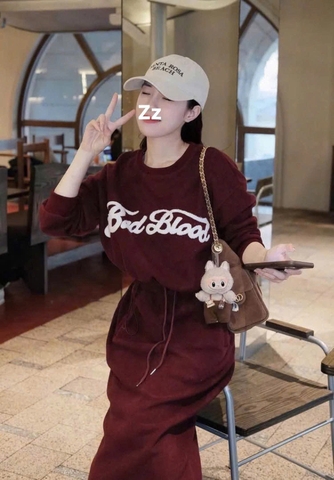 Set842- Bộ CV váy đỏ chữ xù chất nỉ hai da dáng dài