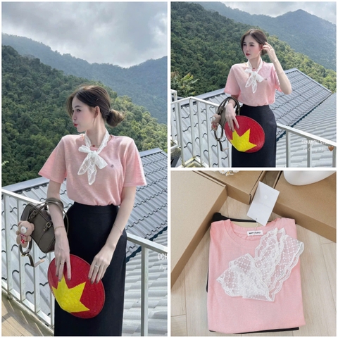 Set763- Set áo thun xước hồng phối chân váy midi đen Tặng kèm nơ ren