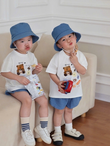 BT927-Bộ mũ vàng tròn GÁU BEAR trắng xanh quần chất mềm