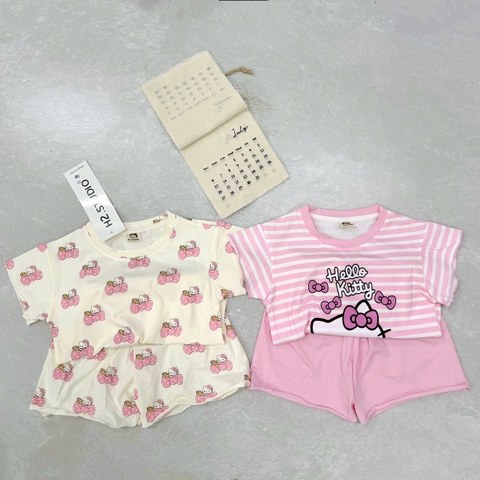 bt9010-Combo 2 bộ KITTY kẻ ngang quần đùi chất cotton bé gái
