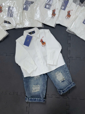 AOKID014-Áo sơ mi trắng RLP thêu logo dài tay trẻ em