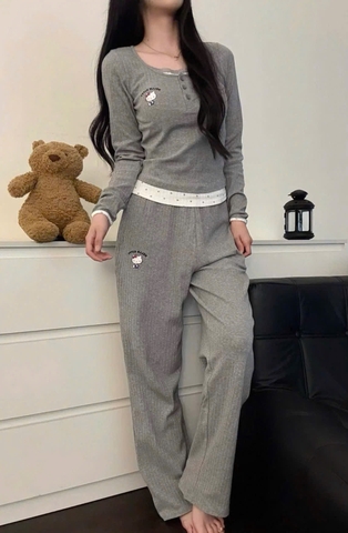 Set758- Set kitty tăm màu ghi viền ren dáng dài chất tăm lông