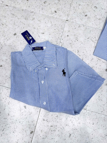 🍀A256- Áo sơ mi kẻ xanh thêu ngựa cổ đức chất thô lụa