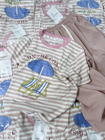 Set716- Set COAST hồng kẻ mix quần bom gió