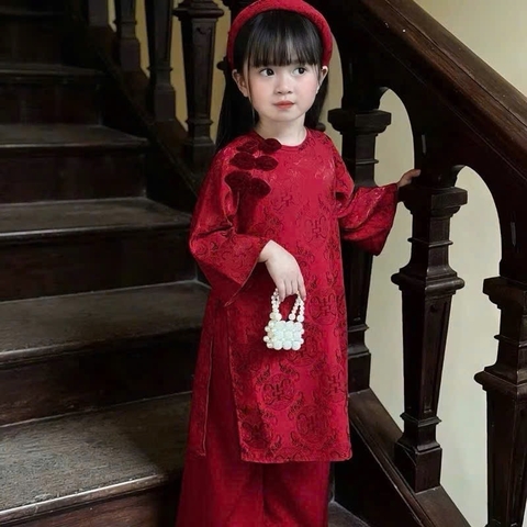 KEM MẤN- Bt796- Bộ áo dài đỏ cúc tết bé gái chất lụa