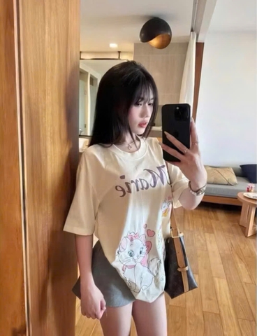 a568- Áo thung suông in MÈo vàng nhạt chất đẹp