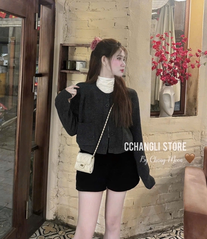 A337-Áo cadigan len màu xám hàng nhà máy