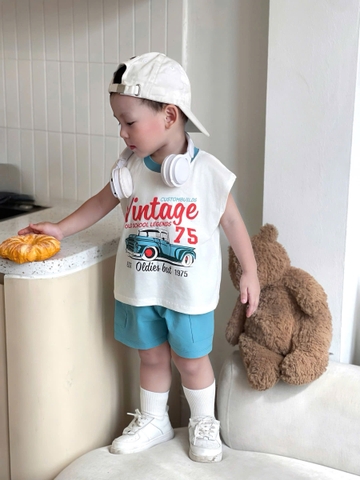 bT601- Bộ cotton Vintage 75 xanh lam chất cotton mát