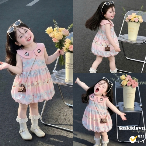 Damgai05-Đầm bé gái hồng in KITTy thêu cổ sen bé gái