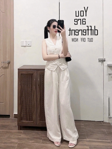 SET1009- Set áo đũi linen sát nách phối quần suông be