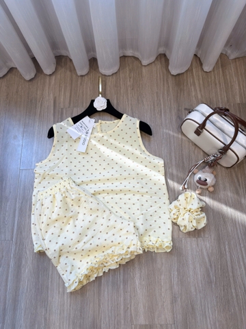 Set972-Set mặc nhà vải đũi mát chấm bi vàng TẶNG KÈM DÂY TÓC
