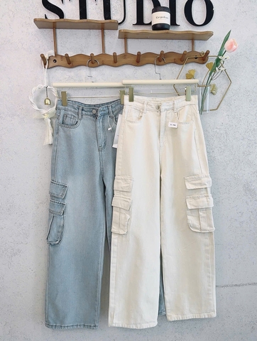 Quan063- QUẦN jean suông túi hộp 2 màu xanh trắng