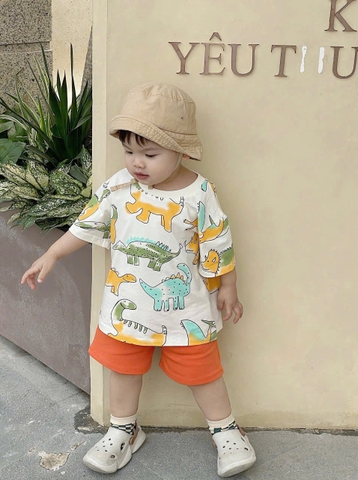 BT440- Bộ áo cotton khủng long mix quần cua màu Cam