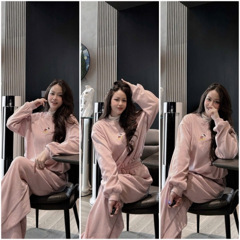 SET811- Bộ mặc nhà áo nỉ díp lông màu hồng phối quần suông