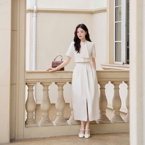 SET733- Set công sở áo cộc tay nơ cổ phối chân váy midi chữ A