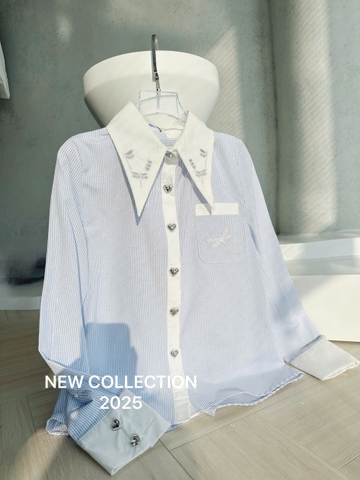 A201-Áo sơ mi kẻ xanh cổ thêu tay hàng thiết kế