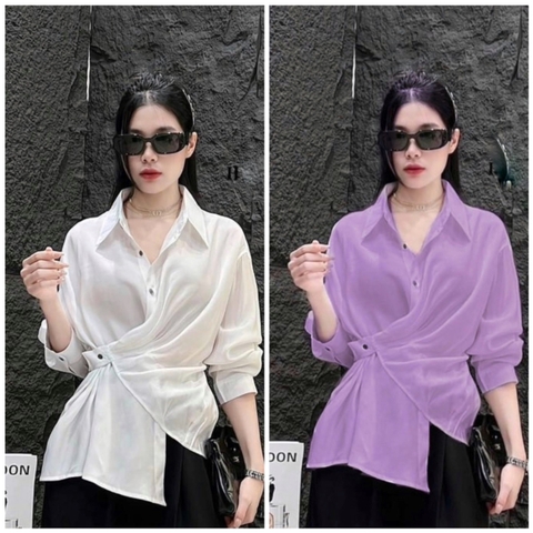 A114-Áo sơ mi nữ vạt chéo 2 màu tím trắng, vải đũi thái mềm mại, kiểu dáng thắt đai lệch eo