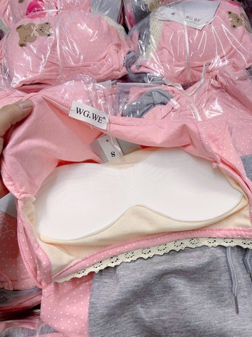 Set610- Bộ áo dây Pink viền ren hồng quần xám có đệm ngực