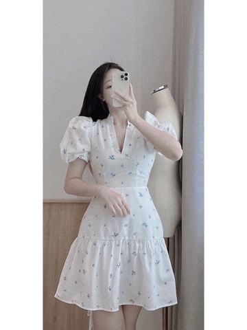 Đầm hoa cổ V xoè bèo 2 lớp