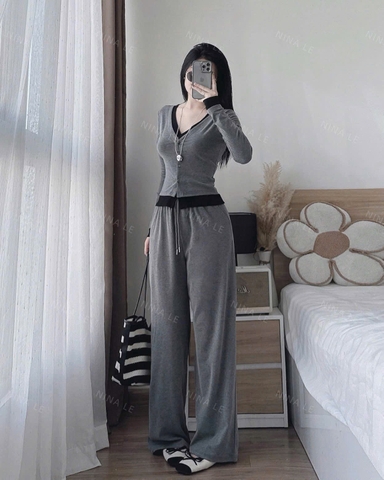 Set741- Set mặc nhà dài tay vải tăm lông xám