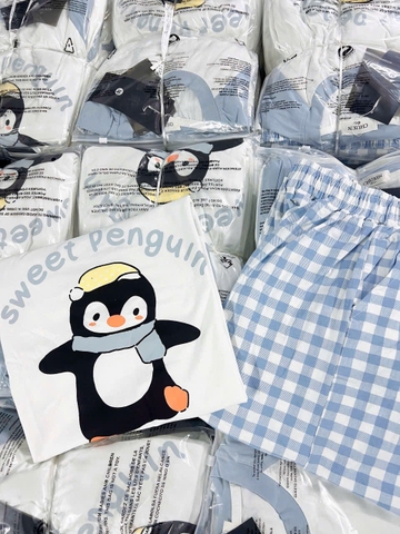 Set81- Set mặc nhà áo cotton chim cánh cụt phối quần suông kẻ