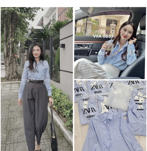 ☘️ A088- ÁO KẺ XANH SUÔNG TÚI VẠT CỔ ĐỨC  🌺