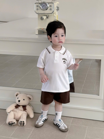 Bt870-Bộ áo polo trắng phối quần kaki nâu cạp chun cho bé 8-26kg