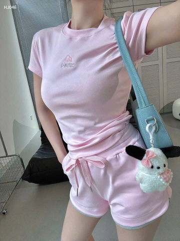 Set754- Bộ mặc nhà cộc tay hồng nhạt phối xám