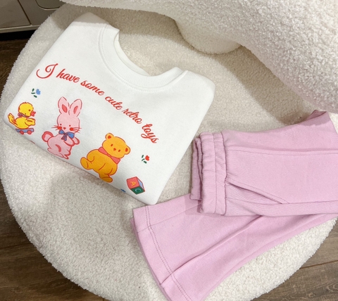 BN060-Bộ nỉ quần loe hồng SOME CUTE trẻ em VNXK