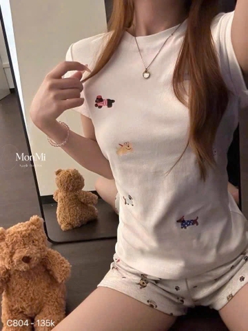 Set632- Bộ cotton zip trắng in cún dáng cộc